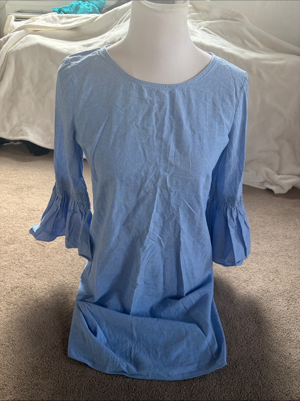 Lord &Taylor Periwinkle Blue Dress With Gathered Bell Sleeve